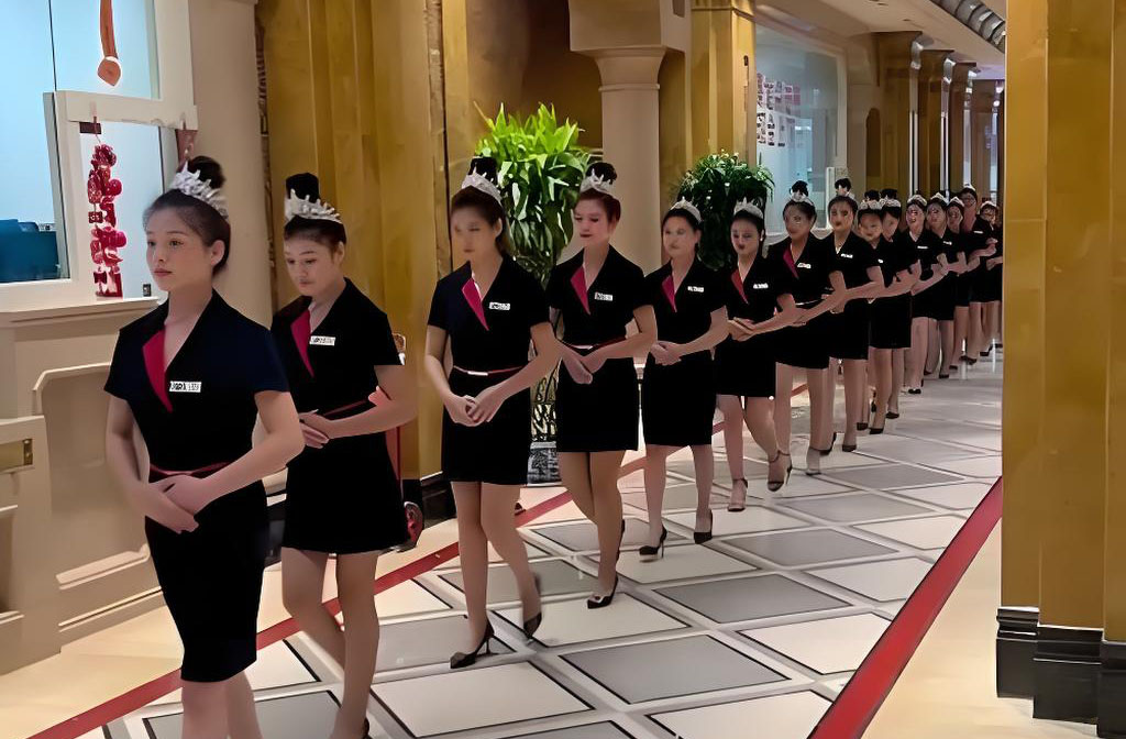 酒店走廊礼仪服务人员列队实景
